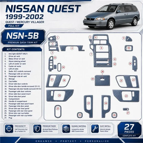 Nissan Quest 1999–2002 kompletná sada 3D sada dekorov interiéru palubnej dosky 27-dielna