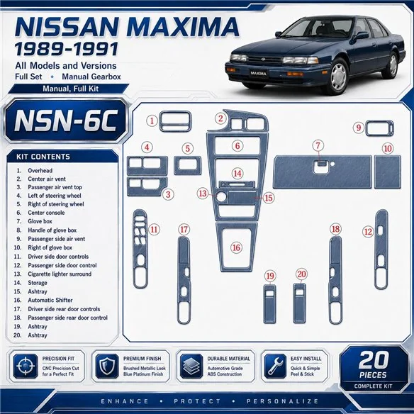 Nissan Maxima 1989–1991 kompletná sada; Manual Gearbox 3D sada dekorov interiéru palubnej dosky 20-dielna