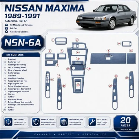 Nissan Maxima 1989–1991 kompletná sada; Automatic Gearbox 3D sada dekorov interiéru palubnej dosky 20-dielna