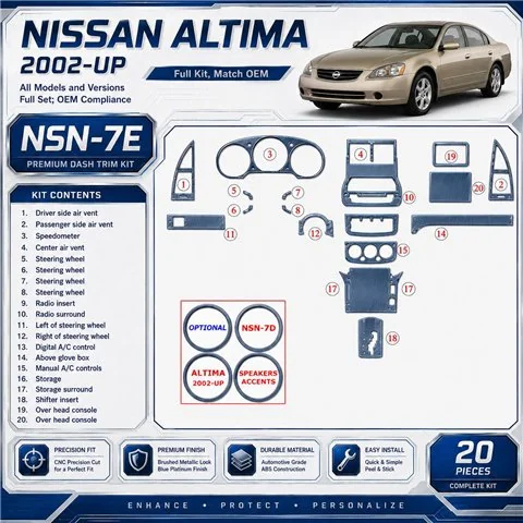 Nissan Altima 2002–2002 kompletná sada; OEM Compliance 3D sada dekorov interiéru palubnej dosky 20-dielna