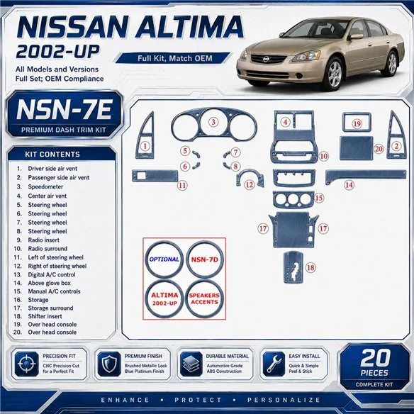 Nissan Altima 2002–2002 kompletná sada; OEM Compliance 3D sada dekorov interiéru palubnej dosky 20-dielna
