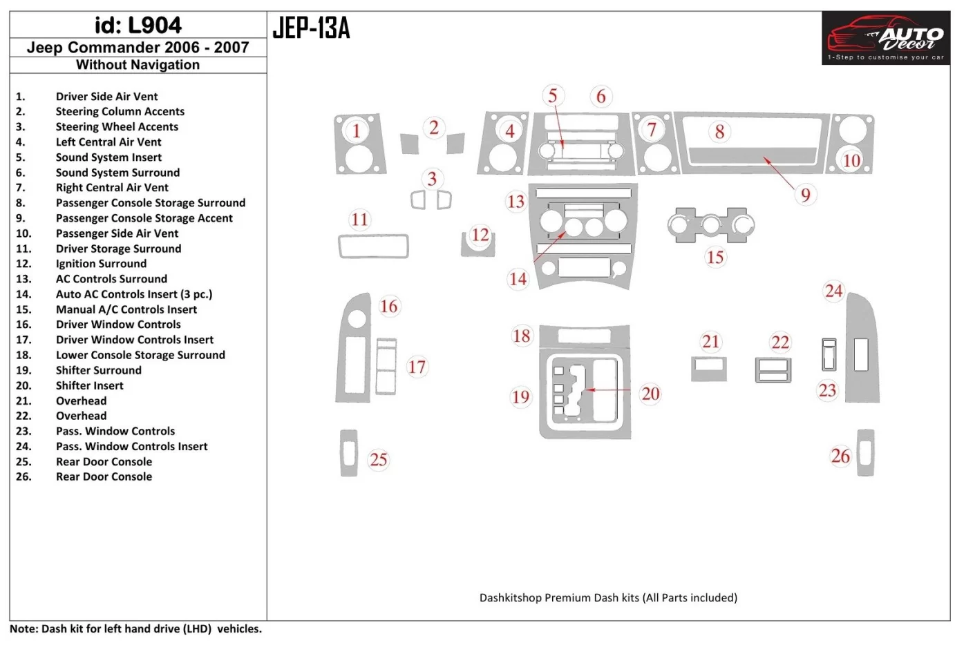 Jeep Commander 2006-2007 bez súpravy NAVI interiéru BD Dash Trim Kit - 1