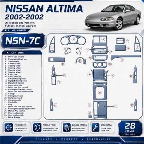 Nissan Altima 2002–2002 kompletná sada; Manual Gearbox 3D sada dekorov interiéru palubnej dosky 28-dielna