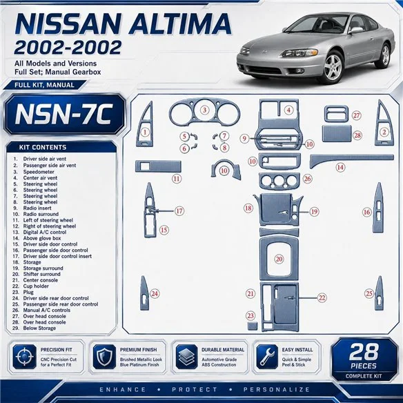 Nissan Altima 2002–2002 kompletná sada; Manual Gearbox 3D sada dekorov interiéru palubnej dosky 28-dielna