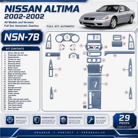 Nissan Altima 2002–2002 kompletná sada; Automatic Gearbox 3D sada dekorov interiéru palubnej dosky 29-dielna