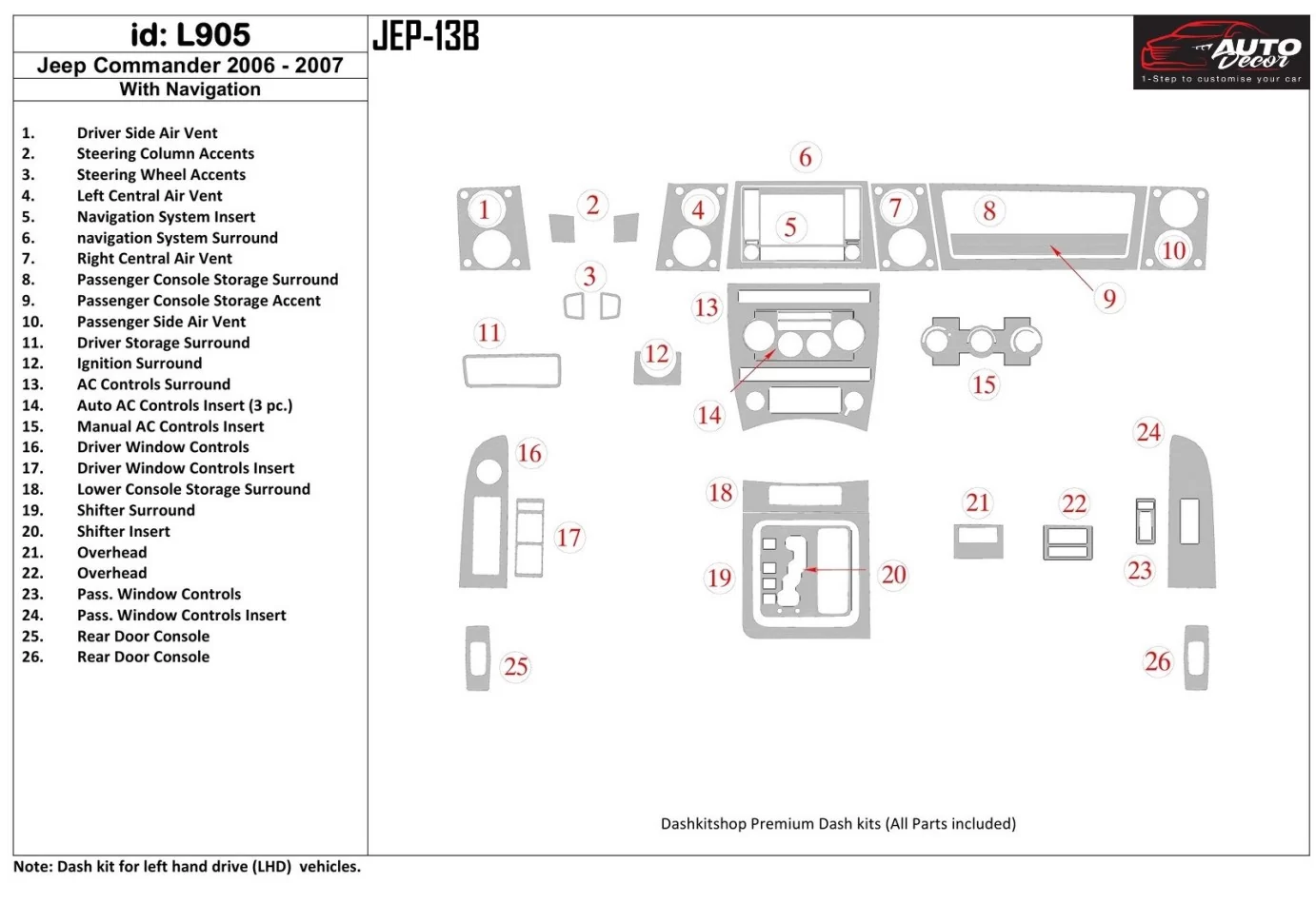 Jeep Commander 2006-2007 s vnútornou súpravou NAVI BD Dash Trim Kit - 1