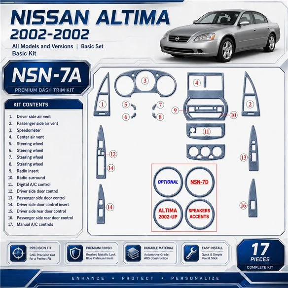 Nissan Altima 2002–2002 základná sada 3D sada dekorov interiéru palubnej dosky 17-dielna