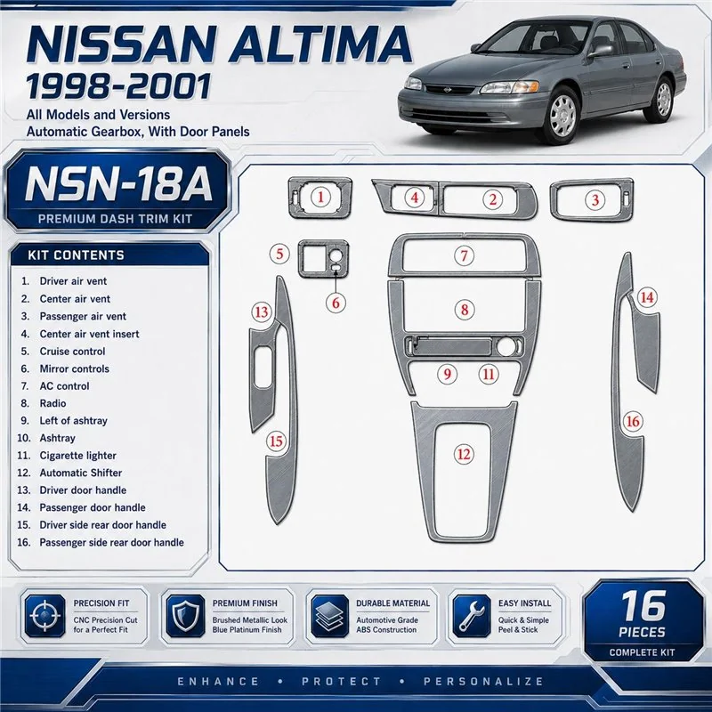 Nissan Altima 1998–2001 Automatic Gearbox; With Door panels 3D sada dekorov interiéru palubnej dosky 16-dielna