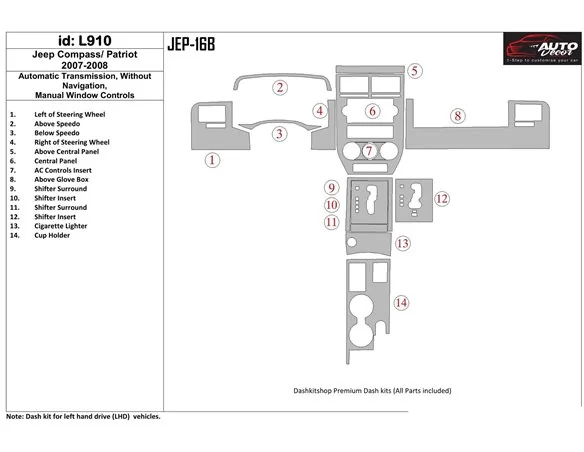 Jeep Compass 2007-2008 Automatická prevodovka, bez NAVI, manuálna prevodovka Ovládanie okien Interiér BD Dash Trim Kit - 1