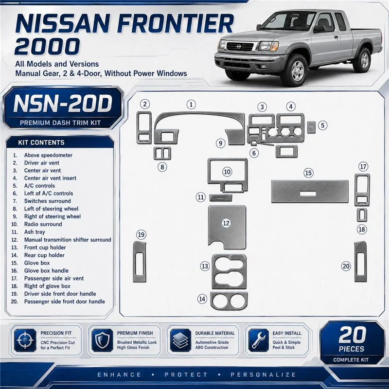 Nissan Frontier 2000–2000 Manual Gear, 2 & 4-Door; Without Power Windows 3D sada dekorov interiéru palubnej dosky 20-dielna
