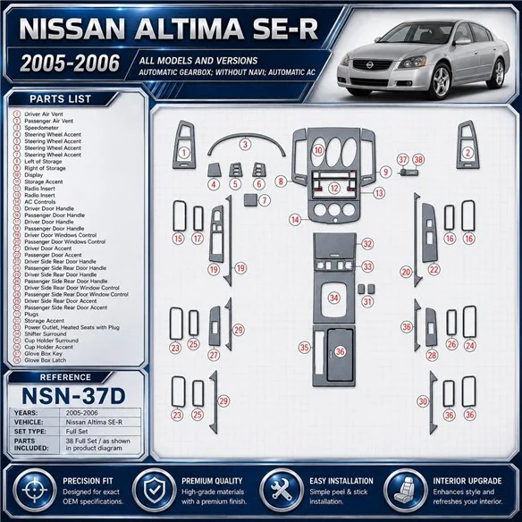 Nissan Altima 2005–2006 SE-R; kompletná sada; Automatic Gearbox; bez navigácie NAVI; Automatic AC 3D sada dekorov interiéru palu