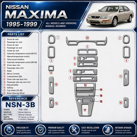 Nissan Maxima 1995–1999 Manual Gearbox 3D sada dekorov interiéru palubnej dosky 21-dielna