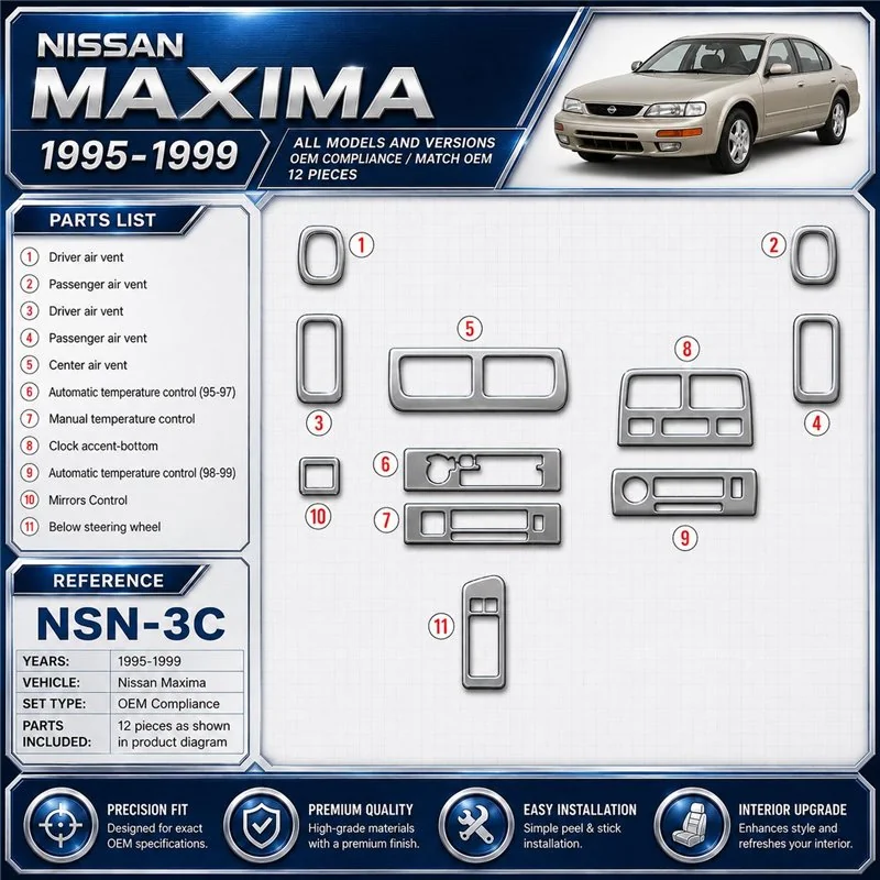 Nissan Maxima 1995–1999 OEM Compliance 3D sada dekorov interiéru palubnej dosky 12-dielna