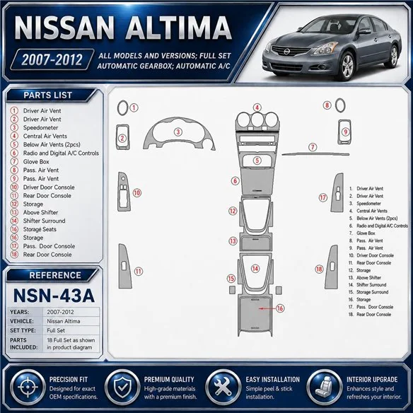 Nissan Altima 2007–2012 kompletná sada; Automatic Gearbox; Automatic A/C 3D sada dekorov interiéru palubnej dosky kompletná sada