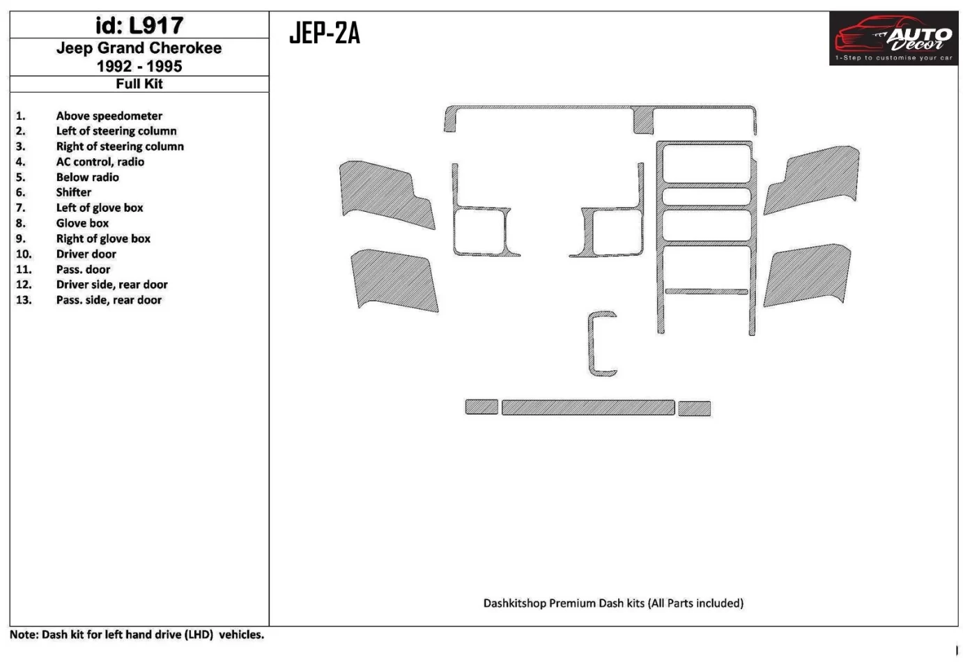 Jeep Grand Cherokee 1992-1995 Kompletná sada, 13 dielov Súprava interiéru BD Dash Trim Kit - 1