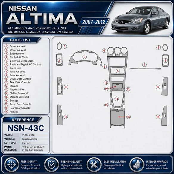 Nissan Altima 2007–2012 kompletná sada; Automatic Gearbox; navigácia system 3D sada dekorov interiéru palubnej dosky kompletná s