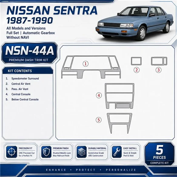 Nissan Sentra 1987–1990 kompletná sada; Automatic Gearbox; bez navigácie NAVI 3D sada dekorov interiéru palubnej dosky kompletná