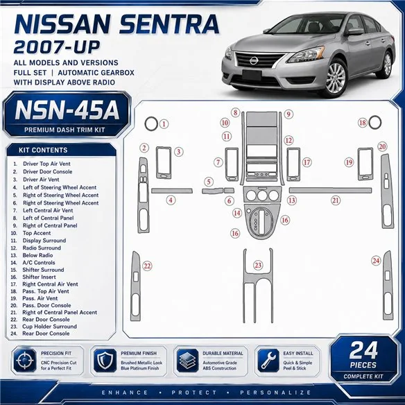 Nissan Sentra od 2007 kompletná sada; Automatic Gearbox; With Display Above Radio 3D sada dekorov interiéru palubnej dosky kompl