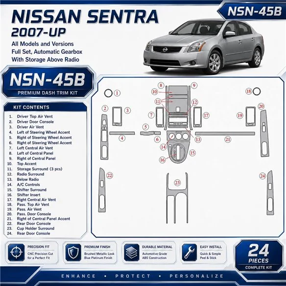 Nissan Sentra od 2007 kompletná sada; Automatic Gearbox; With Storage Above Radio 3D sada dekorov interiéru palubnej dosky kompl