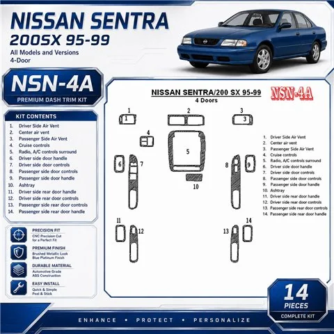 Nissan Sentra 1995–1999 4-Door 3D sada dekorov interiéru palubnej dosky 14-dielna