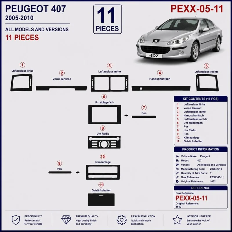 Peugeot 407 2005-2010 3D dekor palubnej dosky, 11 dielov