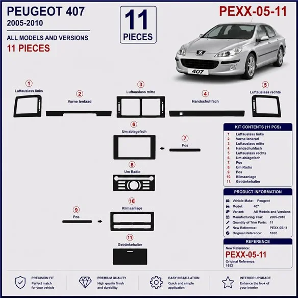 Peugeot 407 2005-2010 3D dekor palubnej dosky, 11 dielov