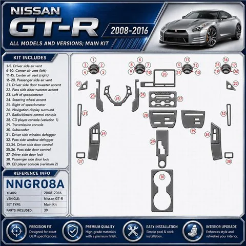 Nissan GT-R 2008–2016 main 3D sada dekorov interiéru palubnej dosky 39-dielna