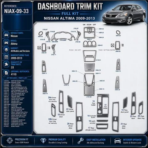 Nissan Altima 2009–2013 3D sada dekorov interiéru palubnej dosky 33-dielna