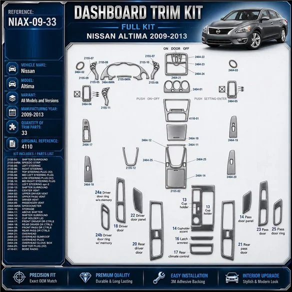 Nissan Altima 2009–2013 3D sada dekorov interiéru palubnej dosky 33-dielna