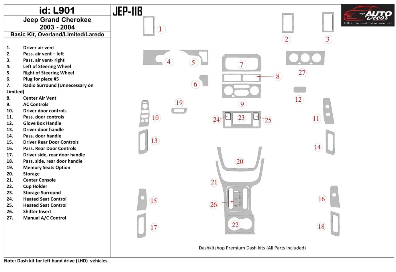 Základná sada Jeep Grand Cherokee 2003-2004, Overland, Limited, Laredo Interiér BD Dash Trim Kit - 1