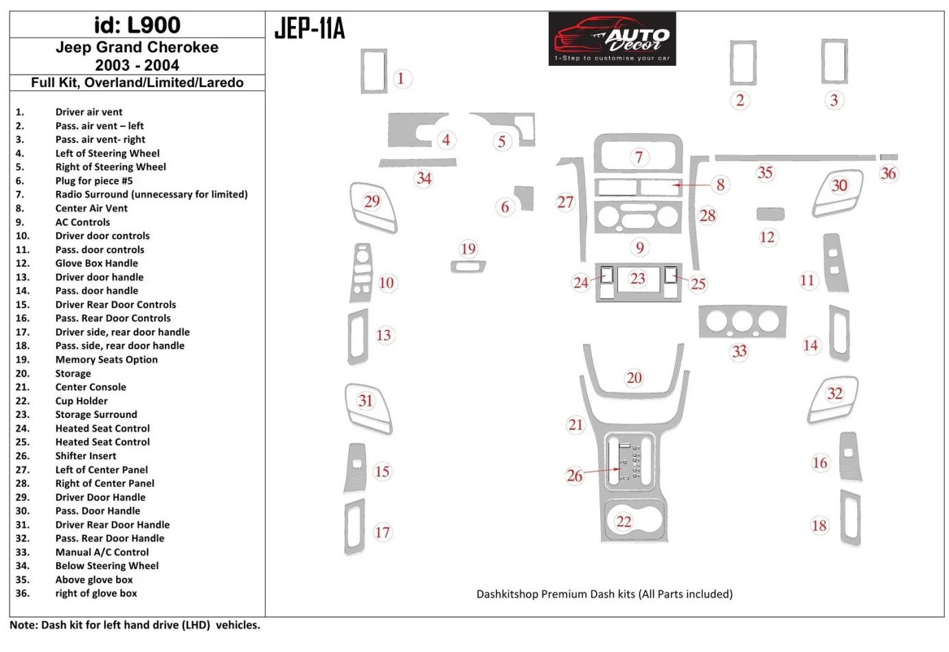 Jeep Grand Cherokee 2003-2004 Kompletná sada, Overland, Limited, Laredo Interiér BD Dash Trim Kit - 1