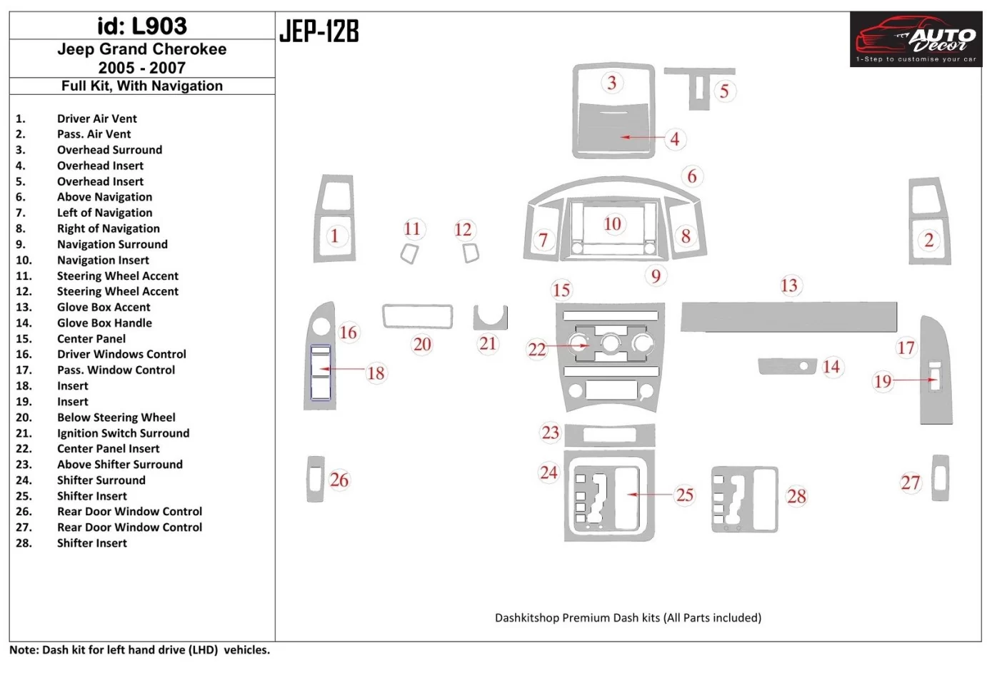 Kompletná sada Jeep Grand Cherokee 2005-2007, s NAVI interiérom BD Dash Trim Kit - 1