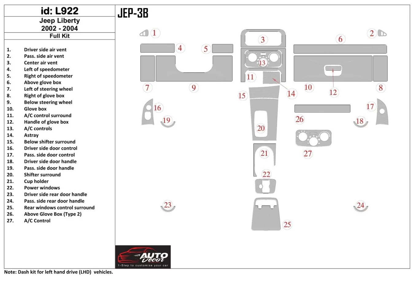 Jeep Liberty 2002-2004 Kompletná súprava interiéru BD Dash Trim Kit - 1