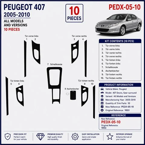 Peugeot 407 Doors 2005-2010 3D dekor palubnej dosky, 10 dielov