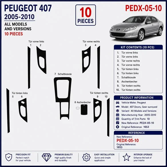 Peugeot 407 Doors 2005-2010 3D dekor palubnej dosky, 10 dielov