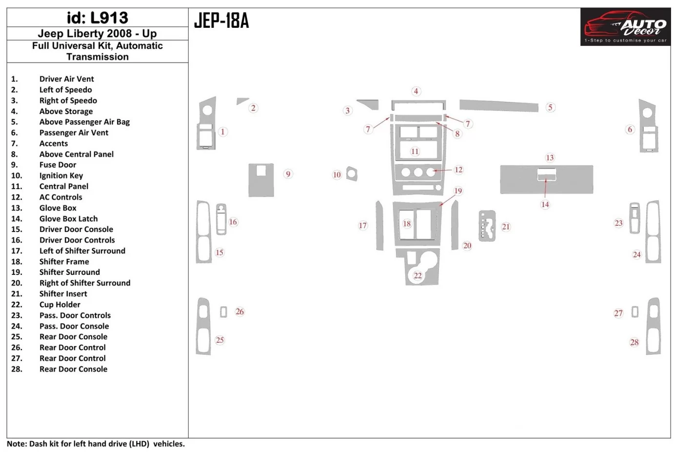 Jeep Liberty 2008-UP Kompletná univerzálna súprava interiéru BD Dash Trim Kit - 1