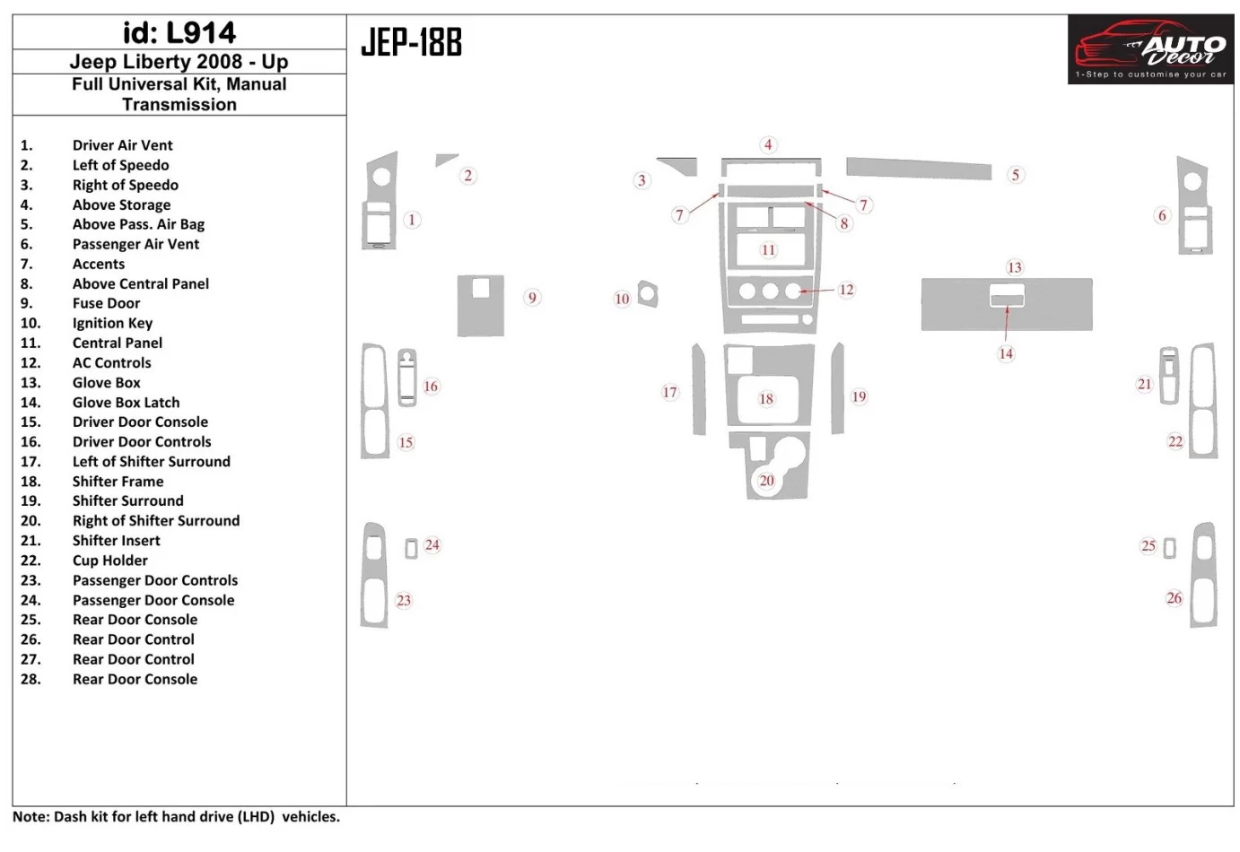 Kompletná univerzálna sada Jeep Liberty 2008-UP, interiér manuálnej prevodovky BD Dash Trim Kit - 1