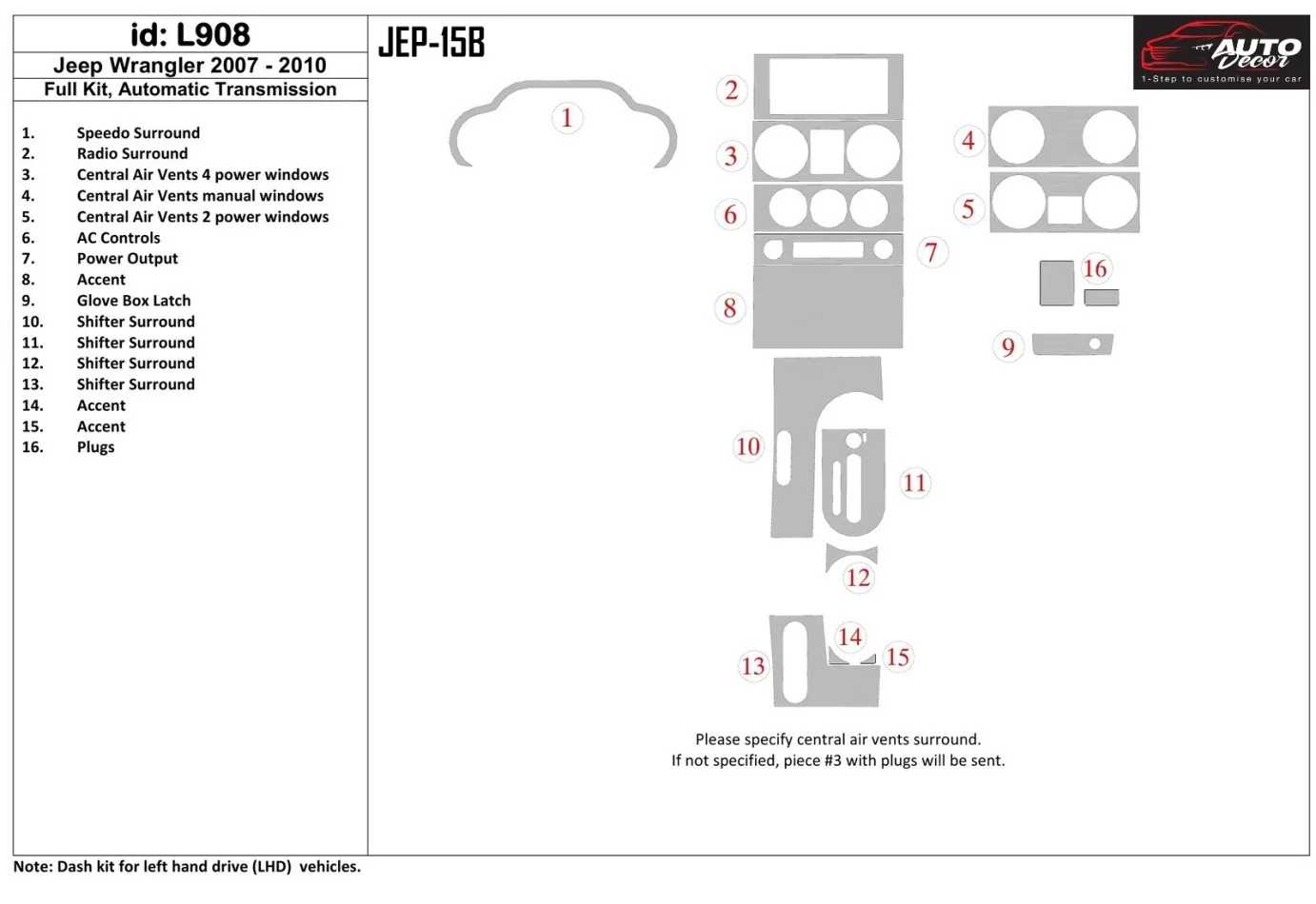 Kompletná sada Jeep Wrangler 2007-2010, súprava vnútornej výbavy automatickej prevodovky BD Dash - 1