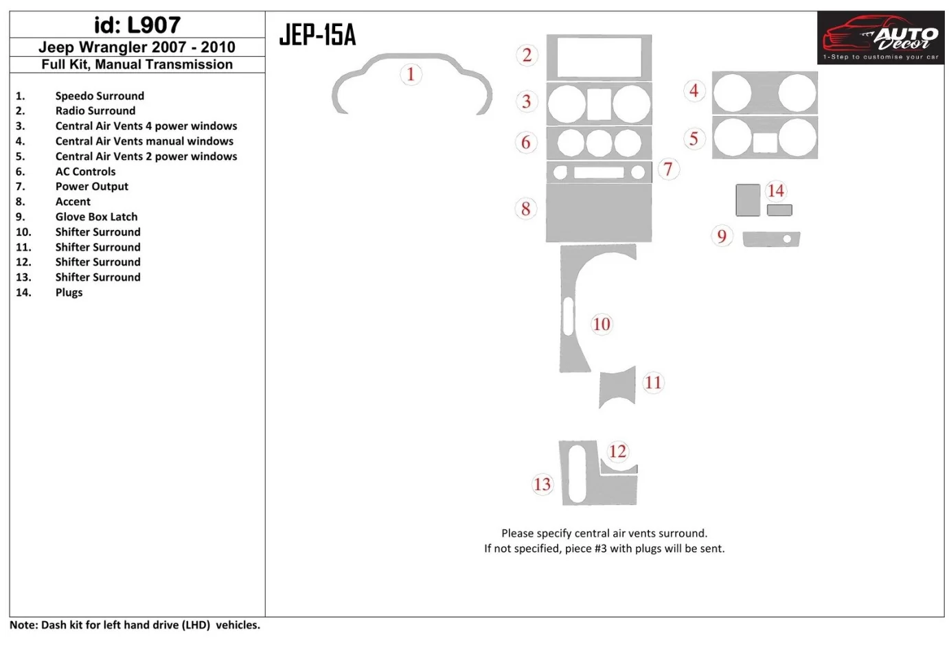 Kompletná sada Jeep Wrangler 2007-2010, interiér manuálnej prevodovky BD Dash Trim Kit - 1