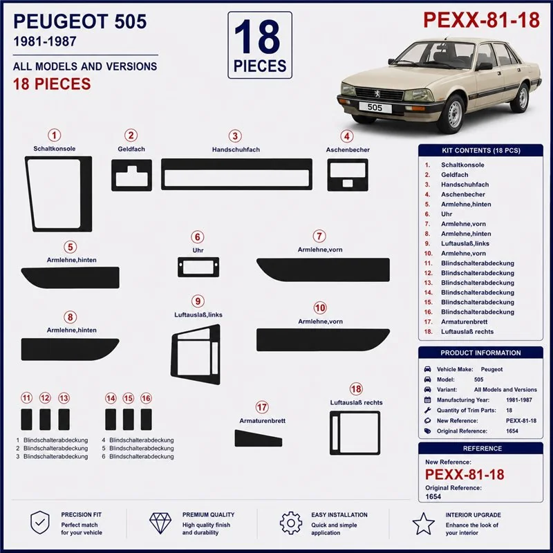 Peugeot 505 1981-1987 3D dekor palubnej dosky, 18 dielov