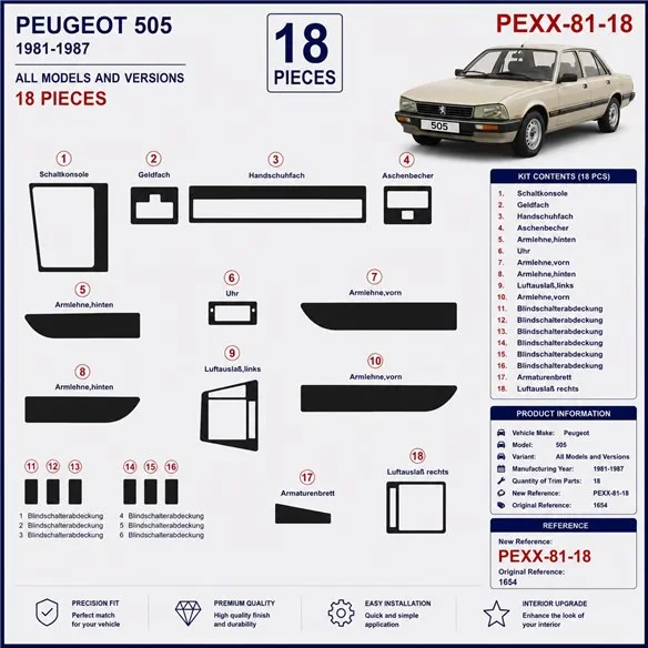 Peugeot 505 1981-1987 3D dekor palubnej dosky, 18 dielov