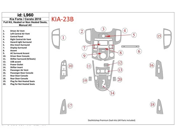 Kompletná sada Kia Cerato 2010-2011, s vyhrievaním a bez vyhrievania sedadiel, súprava klimatizácie interiéru BD Dash Dem Kit - 