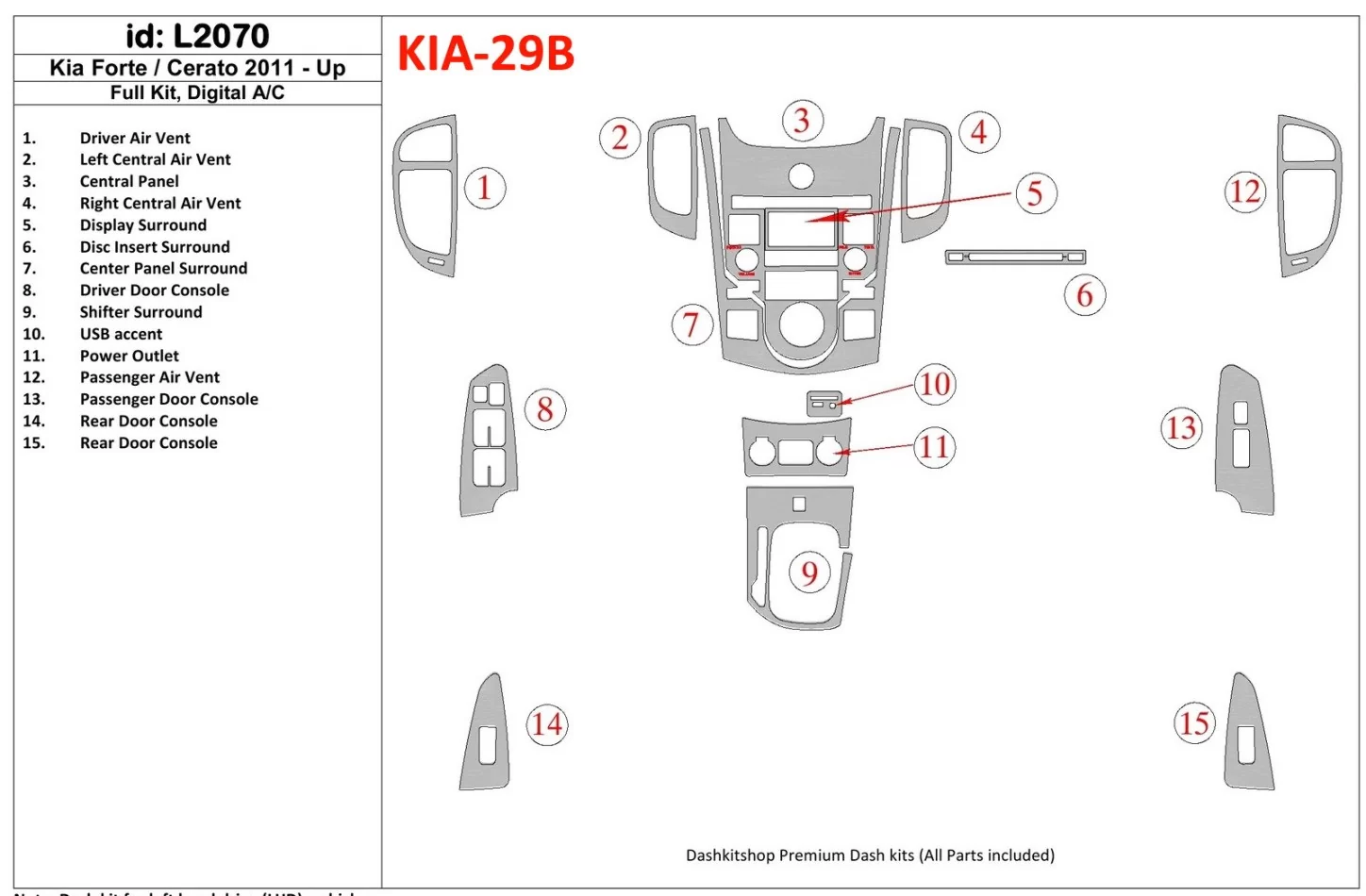 Kompletná súprava KIA Cerato 2011-UP, súprava klimatizácie interiéru BD Dash Trim Kit - 1