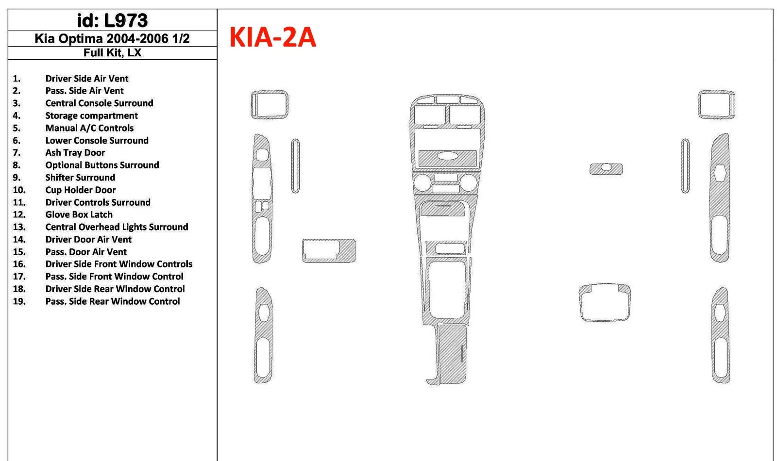 Kompletná sada KIA Optima 2004-2006, LX, Rok výroby: 2004 - 2006 1/2 Súprava obloženia palubnej dosky interiéru BD - 1
