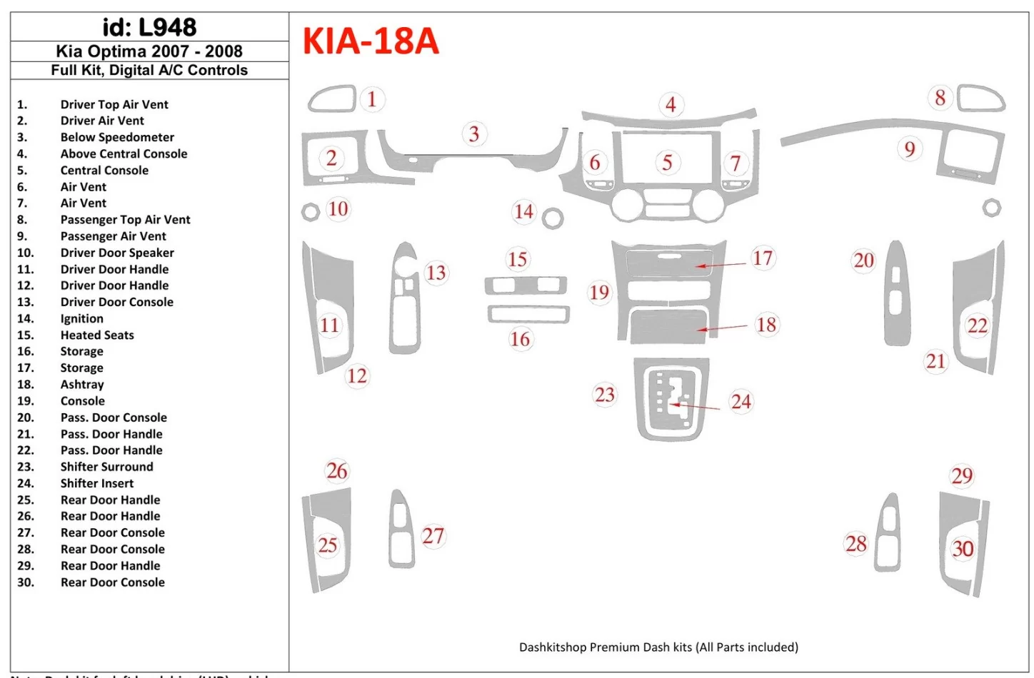Kompletná sada KIA Optima 2007-2008, súprava obloženia palubnej dosky interiéru BD pre automatické ovládanie AC - 1