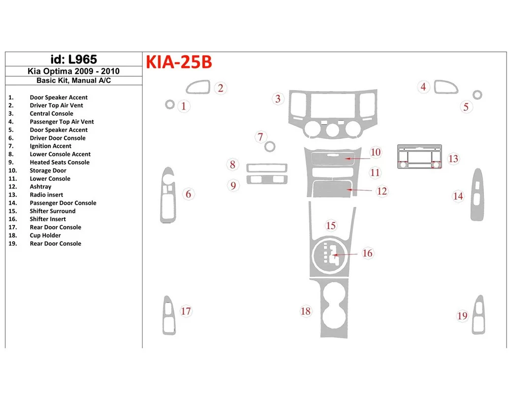 Základná sada KIA Optima 2009-2010, manuálna prevodovka AC interiér BD Dash Dekor Kit - 1