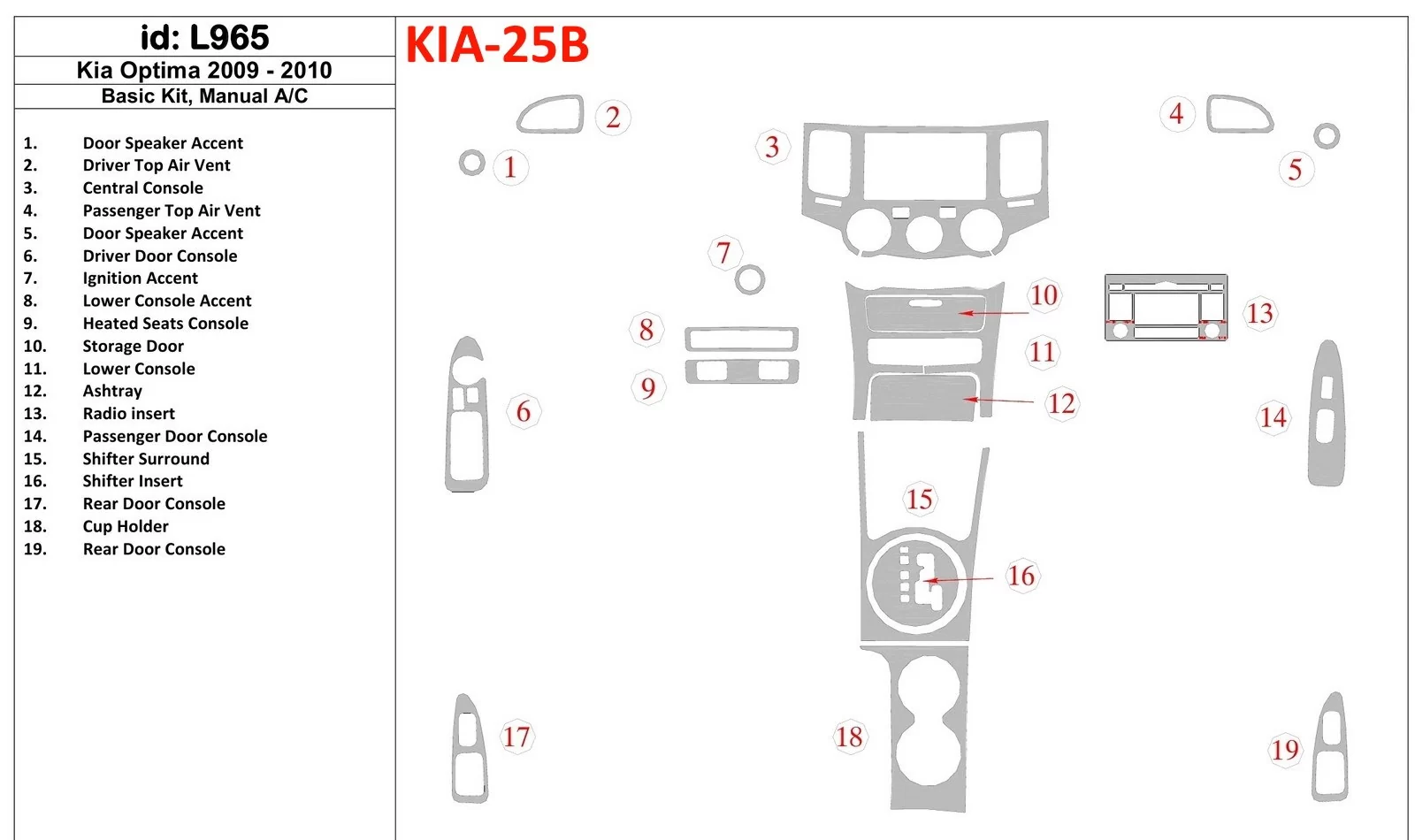 Základná sada KIA Optima 2009-2010, manuálna prevodovka AC interiér BD Dash Dekor Kit - 1