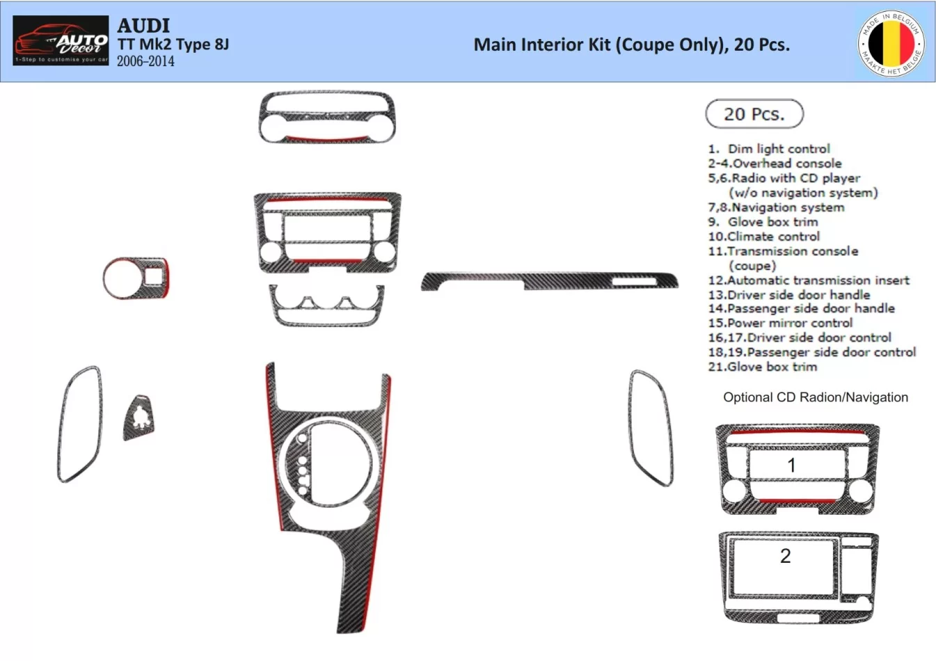 Audi TT 2008-2014-Coupe 3D Obloženie interiérovej palubnej dosky Sada obloženia palubnej dosky Dekor 20 dielov - 1