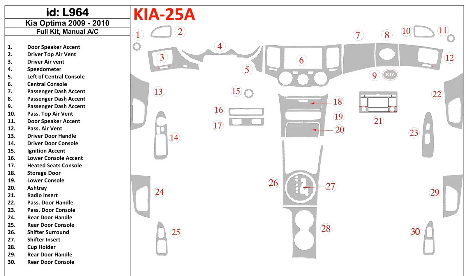 Kompletná sada KIA Optima 2009-2010, manuálna prevodovka AC interiér BD Dash Dekor Kit - 1