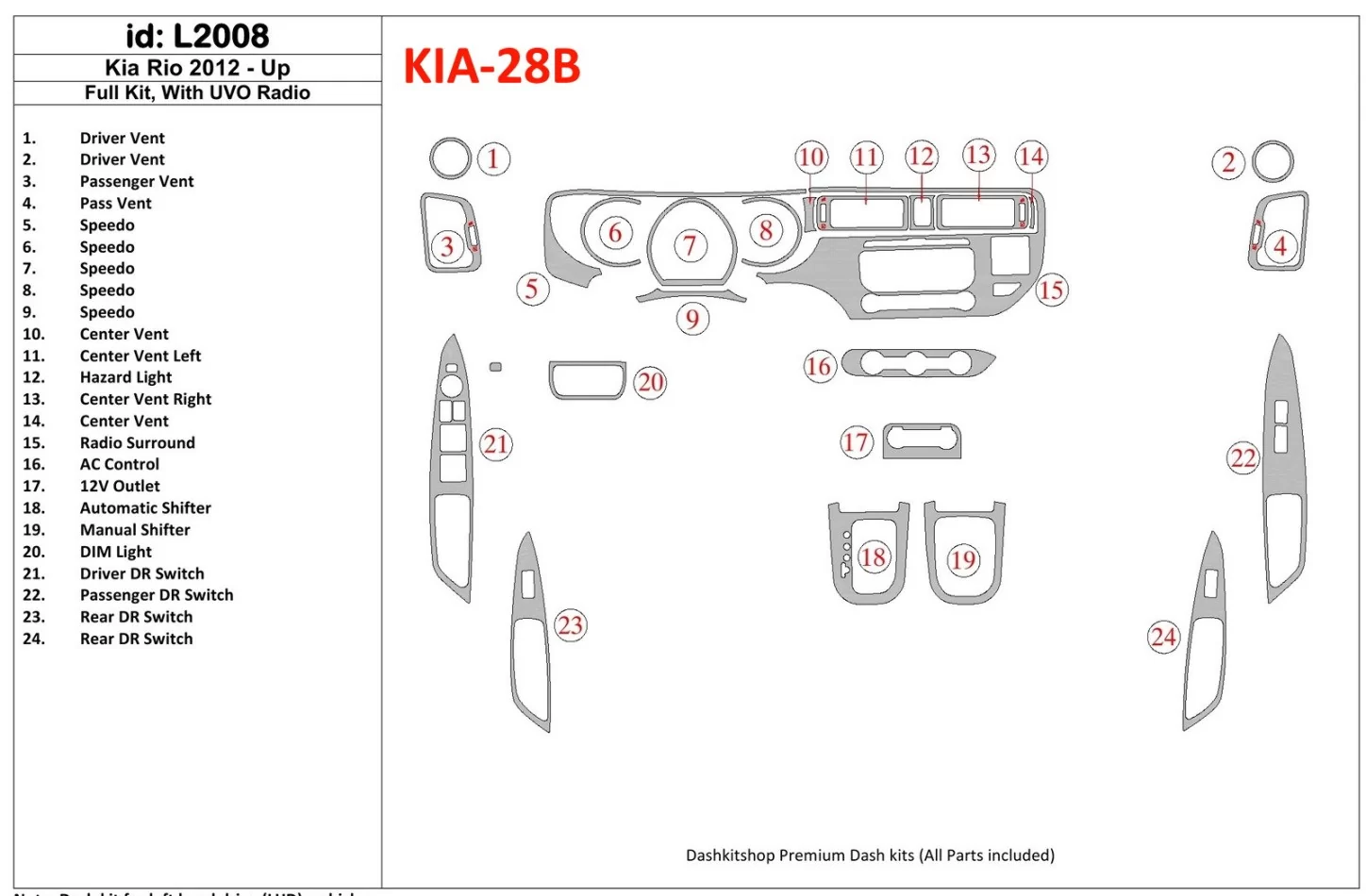 Kompletná súprava Kia Rio 2012-UP s interiérom rádia UVO BD Dash Trim Kit - 1